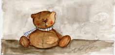 a brown teddy bear sitting on top of a wooden table next to a white wall