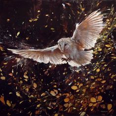 a painting of an owl flying through the air with its wings spread out and yellow leaves scattered around it