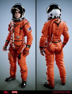 two photographs of an astronaut in orange spacesuits, one with a helmet and the other without