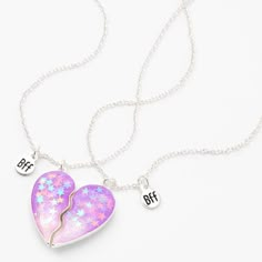 Claire's Best Friends Confetti Stars Split Heart Pendant Necklaces - 2 Pack Trendy Silver Necklace For Best Friend Gift, Trendy Silver Necklace For Best Friend, Valentine's Day Silver Jewelry With Star Charm, Trendy Friendship Necklace For Valentine's Day, Trendy Heart-shaped Necklace For Friendship, Trendy Silver Jewelry For Best Friend Gift, Cute Purple Jewelry For Friendship, Personalized Purple Heart Jewelry, Pink Heart Charm Jewelry For Best Friend Gift