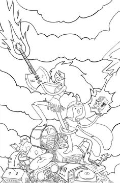 an image of a cartoon character riding a motorcycle with other characters on it and clouds in the background