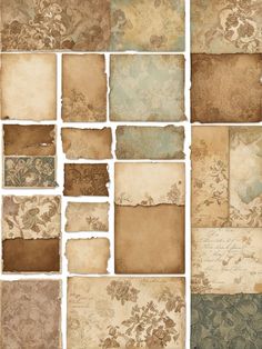 an assortment of old papers with torn edges and floral designs on them, all in different colors