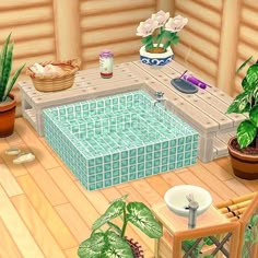 a small pool surrounded by potted plants in a room with wooden floors and walls