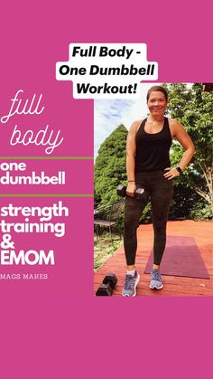 a woman standing on top of a yoga mat with her hands on her hips and the words full body one dumbbell strength training & emom