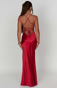 If you are looking for a super soft. romantic silhouette that skims over the body and enhances your figure. meet the Isobel maxi. Made from our silky soft satin with a bias cut. Isobel features a plunge neck. super low back with tie straps and a thigh high split.  Colour: Red.  Non stretch bias cut satin. Thigh high split. Plunge v-neck. Hugs the figure. Super low back with tie straps. Maxi length. Model is a size XS and is wearing an XS Homecoming Dresses Corset, Midi Dress Wedding Guest, Romantic Silhouette, Maxi Dress Sale, Sparkle Dress, Dresses By Length, Pink Maxi Dress, Formal Dresses Prom, Flowy Dress