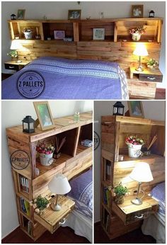 the bed is made out of pallet wood and has two shelves on each side