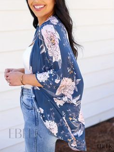 Ebeek - Womens Elegant Floral Print 3/4 Sleeve Beach Cover Up: Blue Open Front Cardigan for Swimwear and Clothing Clean Style Fashion, Chiffon Kimono Cardigan, Sheer Swimsuit, Chiffon Cardigan, Summer Coats, Kimono Coat, Chiffon Kimono, Shawl Cardigan, Fashion Materials