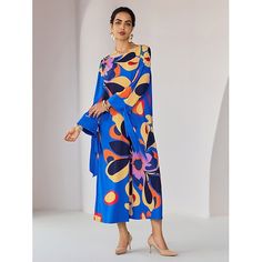 Season:Autumn / Fall; Fabric:Polyester,100% Polyester; Sleeve Length:Long Sleeve; Dress Length:Midi; Look After Me:Machine wash; Gender:Women's; Style:Elegant; Elasticity:Stretchy; Occasion:beach vacation,Lawn,Going out; Dresses Type:Loose Dress; Pattern:Floral; Design:Printing; Neckline:Crew Neck; Sleeve Type:Flare Cuff Sleeve; Trends:Print; Brand:Ador; Listing Date:08/21/2024; Dress Length Type:Midi Dress; Looseness:Loose Fit; Inclusion:The fabric offers exceptional elasticity and impressive f Vibrant Print Long Sleeve Vacation Dresses, Long Sleeve Vibrant Print Vacation Dress, Long Sleeve Dresses With Vibrant Print For Vacation, Multicolor Long Sleeve Dress For Beach Party, Spring Maxi Dress With Vibrant Print For Beach Party, Spring Beach Party Maxi Dress With Vibrant Print, Long Sleeve Maxi Dress For Spring Beach Party, Long Sleeve Maxi Dress For Beach Party In Spring, Long-sleeved Vibrant Print Beach Dress