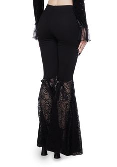 cuz you love the darkness. These pants have a velour construction, sheer floral lace bell bottoms, and a low waist fit. Lace Up Bell Bottoms, Lace Bell Bottoms, Love The Darkness, Black Distressed Gothic Bottoms, Black Gothic Velvet Bottoms, Goth Bell Bottoms, Goth Flared Pants, Velvet Bell Bottoms, Velvet Lace