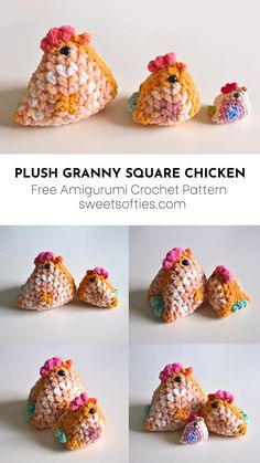 crocheted stuffed animals are shown in four different positions and the text reads plush granny square chicken free amigurn crochet pattern