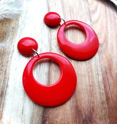 Red Retro Round Earrings, Retro Red Round Earrings, Retro Hoop Earrings For Parties, 50s Rockabilly, Drop Hoop Earrings, Resin Jewellery, Vintage Summer Dresses, 1950s Fashion, Brass Earrings