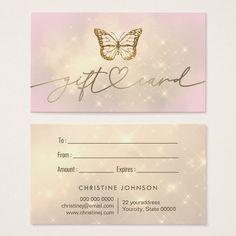 a pink and gold gift card with a butterfly on it