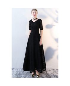 Get 10% off now! Buy modest long black lace formal dress vneck with short sleeves at cheap price online. Free stable shipping and pro custom service since 2009. Black Fitted V-neck Dress With Short Sleeves, Long Black Formal Dress, Long Black Dress Formal, Black Lace Formal Dress, Lace Prom Gown, Concert Dresses, Classic Clothes, Pattern Dress Women, Lace Formal Dress