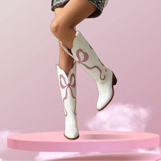 Brand New Boutique Cowgirl Boots Coquette Styles Vegan Leather Block Heel Pink Cowboy Boots, Pink Cowgirl Boots, Bow Boots, Leather Block Heels, Christmas Wishlist, Cowgirl Boots, Pink Bow, Cowboy Boots, Block Heels