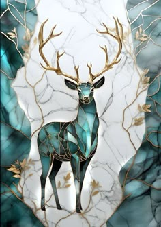 a painting of a deer with gold antlers on it's head and blue marble background