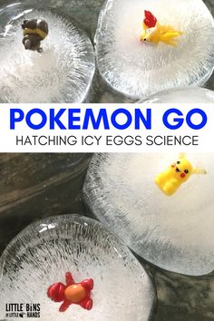 four clear plates with small plastic pokemons on them and the words pokemon go written in blue