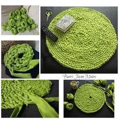 four pictures showing different ways to crochet a rug with yarn and buttons, including scissors