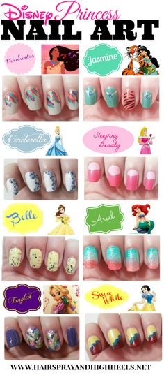 Disney Princess Inspired Nails Disney Princess Nail Art, Meme Disney, Princess Nail Art, Disney Nail Art, Disney Princess Nails, Unghie Nail Art, Princess Hair, Nagel Tips