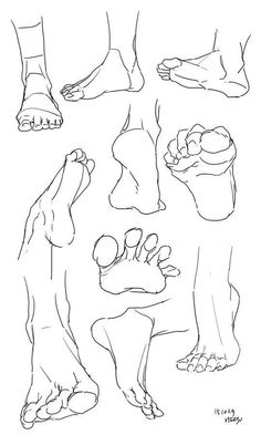 the feet and toes of people with their feet in different positions, all drawn by hand