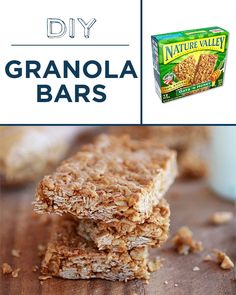 granola bars are stacked on top of each other with the words diy next to it