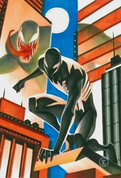 a drawing of a spider man in front of a cityscape