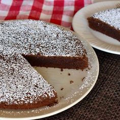 two plates with slices of chocolate cake on them