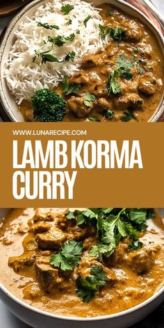 lamb korma curry with white rice and broccoli in a bowl on the side