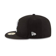 THE BASIC BLACK & WHITE is a 59FIFTY® with a black polyester crown and visor offset with the team logo in white embroidery on the front panels. Fitted Flat Crown Hat For Baseball Season, Flat Crown Fitted Hat For Baseball Season, Classic Fitted Hat With Flat Crown For Sports Events, Black Baseball Cap With Embroidered Logo, Black Hats With Embroidered Logo For Streetwear, Black Hip Hop Snapback Hat, Black Hip Hop Fitted Hat For Streetwear, Classic Black Visor Fitted Hat, Classic Black Fitted Hat With Visor