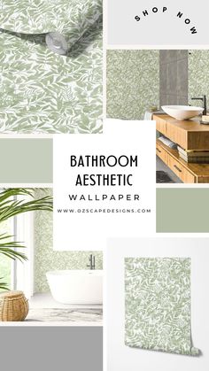 bathroom aesthetic wallpaper in shades of green and white with text overlaying the image