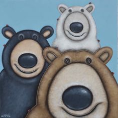 three bears are standing next to each other in front of a blue background with the words bear on it