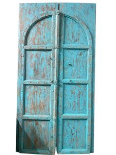 an old blue door is open on a white background