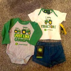 John Deere Baby Outfit Set Onesie Shirt And Shorts Size 3-6mo Casual Cotton Set For First Birthday, Fitted Cotton Sets For First Birthday, Spring Cotton Fitted Diaper Cover, Fitted Cotton Diaper Cover For Playtime, Cotton Fitted Diaper Cover For Playtime, John Deere Baby, Shirt And Shorts, Baby Outfit, Outfit Set