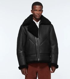 Black Shearling Leather Aviator Jacket Modern Winter Biker Jacket With Padded Collar, Aviator Leather Jacket For Fall And Cold Weather, Black Sheepskin Outerwear For Fall, Black Sheepskin Biker Jacket For Fall, Classic Leather Jacket With Fleece Lining For Fall, Black Leather Jacket With Fleece Lining, Black Sheepskin Leather Jacket For Fall, Aviator Leather Jacket For Cold Weather, Aviator Leather Jacket For Fall