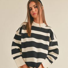 the perfect color block sweater to add to your fall wardrobe. material: 42% acrylic / 30% polyester / 28% nylon care instructions: dry clean only model is 5’7 / wearing a small White Striped Sweater, Color Block Sweater, Striped Sweater, Upcoming Events, Fall Wardrobe, Stripe Sweater, Color Block, Product Launch, Black White