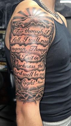 Tattoo Designs Men Shoulder Ideas, Though I Fall I Will Rise Again Tattoo, Shoulder Bicep Tattoo Men, Tattoo Ideas For Men Shoulder Sleeve, Shoulder Half Sleeve Tattoo Men, Meaningful Shoulder Tattoo Men, Shoulder Tattoo Men Sleeve, Right Shoulder Tattoo Men, Tattoo Words Men