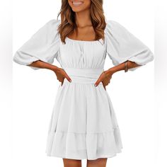 White Ruffled Off Shoulder Dress. Square Neck Can Be Worn Up Or Off The Shoulders. Adorable Bow With Tie Back Can Tighten And Cinch Your Curves! Super Soft Material With Ruffles On The Hem. Never Worn! White Long Sleeve Mini Dress, Vintage Mini Dress, Lace Dress Casual, Vintage Mini Dresses, White Long Sleeve Dress, Mini Dress Casual, Lantern Sleeve, Lantern Sleeves, Flowing Maxi Dress