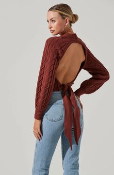 Inez Cable Knit Open Back Sweater – ASTR The Label Sweater Summer Outfit, Open Back Outfit, Easy Beginner Crochet Patterns, Open Back Sweater, Sweater Pumpkins, Crochet Cardigan Pattern Free, Pattern Outfits, Clothing Reference