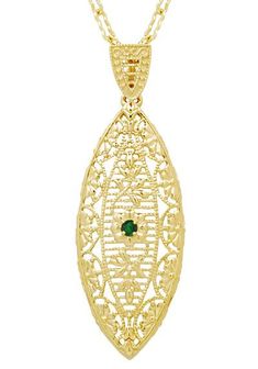 Art Deco Leaf Filigree Emerald Necklace in Yellow Gold Vermeil Over Sterling Silver Filigree Border, Birthday Extravaganza, Leaf Filigree, Pink Sapphire Pendant, Filigree Pendant Necklace, Ruby Necklace Pendant, Floral Filigree, Blue Sapphire Pendant, Sapphire Necklace Pendants