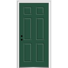 a green front door with two sidelights on the top and bottom panel, against a white background