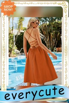 Orange Cross Back Tie Swing Sling Midi Dress Spring Backless Sundress With Crisscross Straps, Chic Summer Midi Dress With Crisscross Straps, Chic Midi Dress With Crisscross Straps For Summer, Summer Backless Dress With Crisscross Straps For Brunch, Summer Brunch Backless Dress With Crisscross Straps, Backless Sundress With Straps For Spring, Spring Sundress With Straps And Backless Design, Spring Midi Dress With Crisscross Strappy Back, Spring Midi Dress With Crisscross Straps