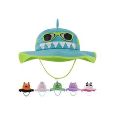 a hat with three little monsters on the front and one is wearing eyeglasses