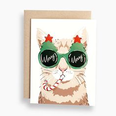 a card with a cat wearing sunglasses and merry words on it's face,