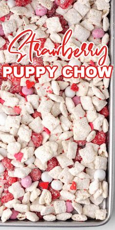 a metal pan filled with white and red puppy chow