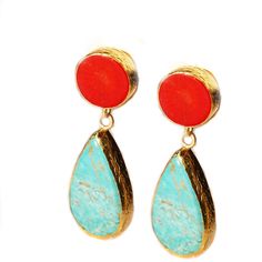 I prepared these earrings with round and drop cut turquoise and coral stones. All my jewelry is hand crafted with pure and sterling silver. The gold color is done by coating silver with 18 karat gold. Each turquoise stone has its own texture and color which differ slightly from one another. Red And Turquoise, Turquoise And Coral, Coral Earrings, Coral Jewelry, Silver Coat, Coral Turquoise, Coraline, Turquoise Earrings, Silver Bangles