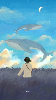 a painting of a girl and two dolphins in the sky with stars above her head