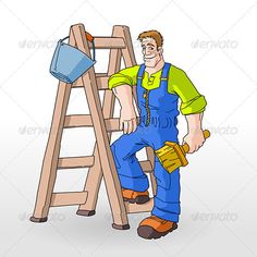 a man in overalls standing next to a ladder with tools on it and holding a hammer