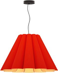 a red light hanging from a ceiling fixture with two lights on each side and an orange lamp in the middle