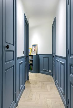 an empty hallway with blue doors leading to bookshelves and a bookcase in the corner