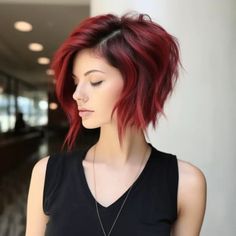 Red Hair Copper Money Piece, Shadow Roots Hair Brunette To Red, Red Hair Gray Highlights, Red Shaggy Bob, Red Hair With Money Piece Highlights, Dark Red Pixie Haircut, Cool Hair Color Ideas For Short Hair, Bob Hairstyles Color, Bob With Money Piece