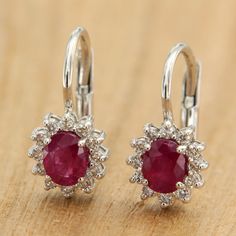 Luxury Synthetic Ruby Earrings For Anniversary, White Gold Ruby Earrings With Halo Design, Oval Ruby Earrings With Halo Design, Ruby And Diamond Earrings, Yellow Gold Diamond Earrings, Nickel Free Earrings, Halo Earrings, Real Jewelry, Italian Jewelry